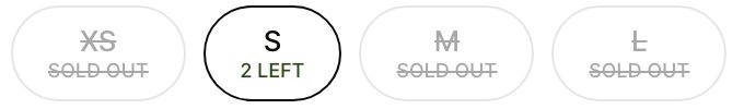Phrase Studios size buttons on a product page: XS, M and L sold out and struck through, S shows 2 left